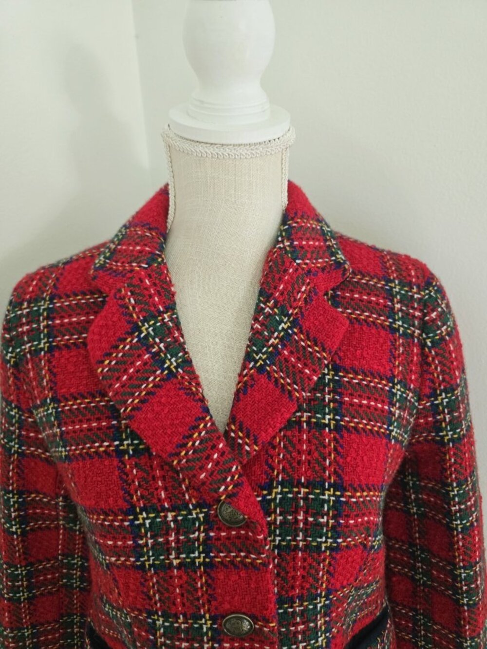 Talbots Plaid Red Holiday Wool Blend Christmas Blazer Jacket Small 4 P Petite - Picture 3 of 12